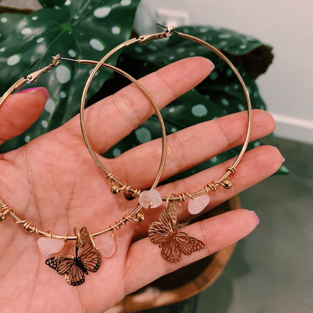 Image of Large Pink Quartz Butterfly Hoops