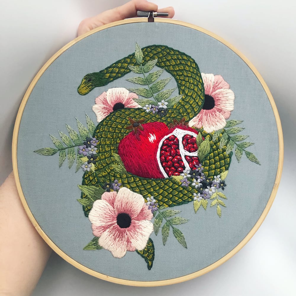 Image of 10 inch hand embroidered pomegranate + snake still life 
