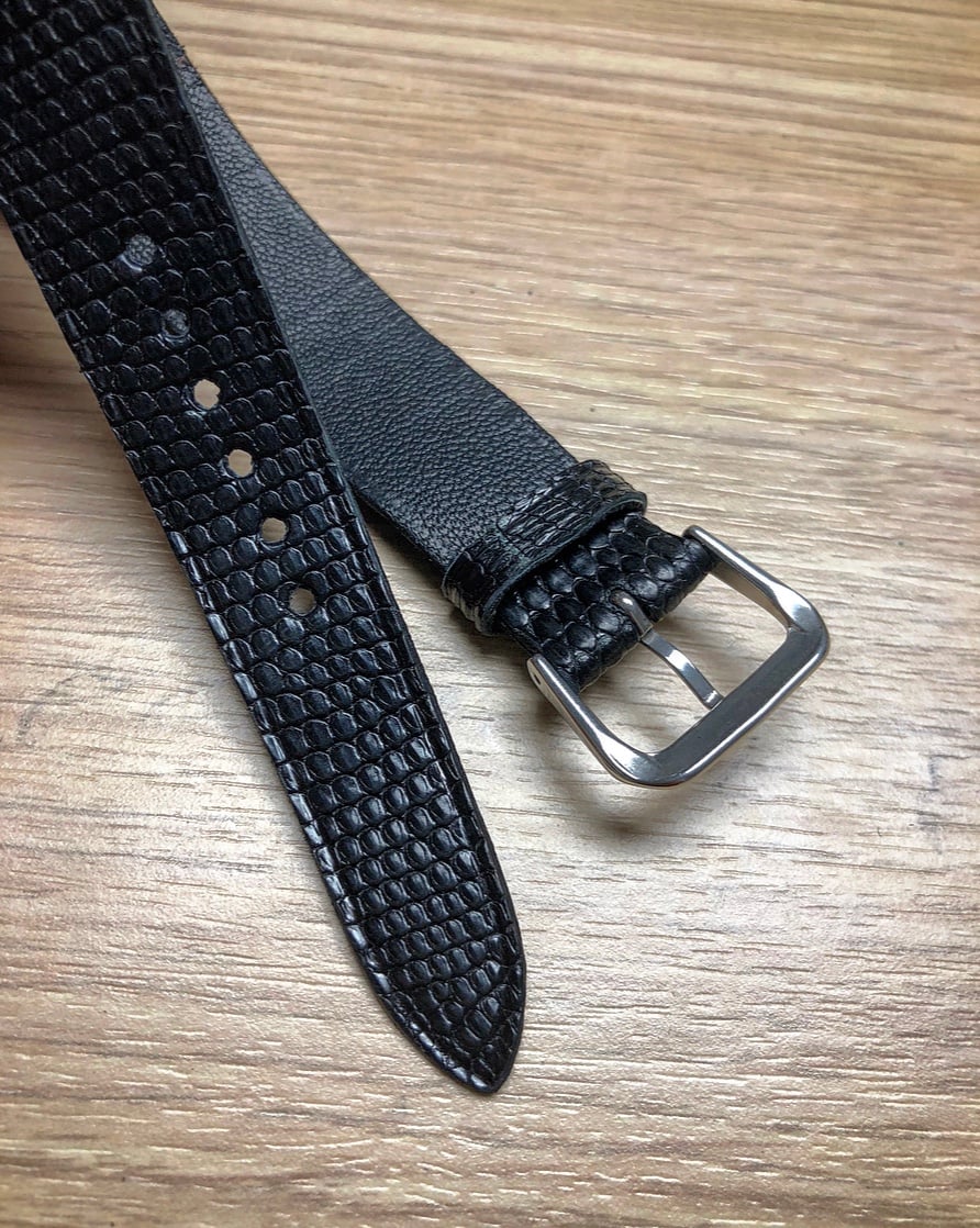 “Tuxedo” Black Lizard double tapered one-piece watch strap | Huitcinq1988