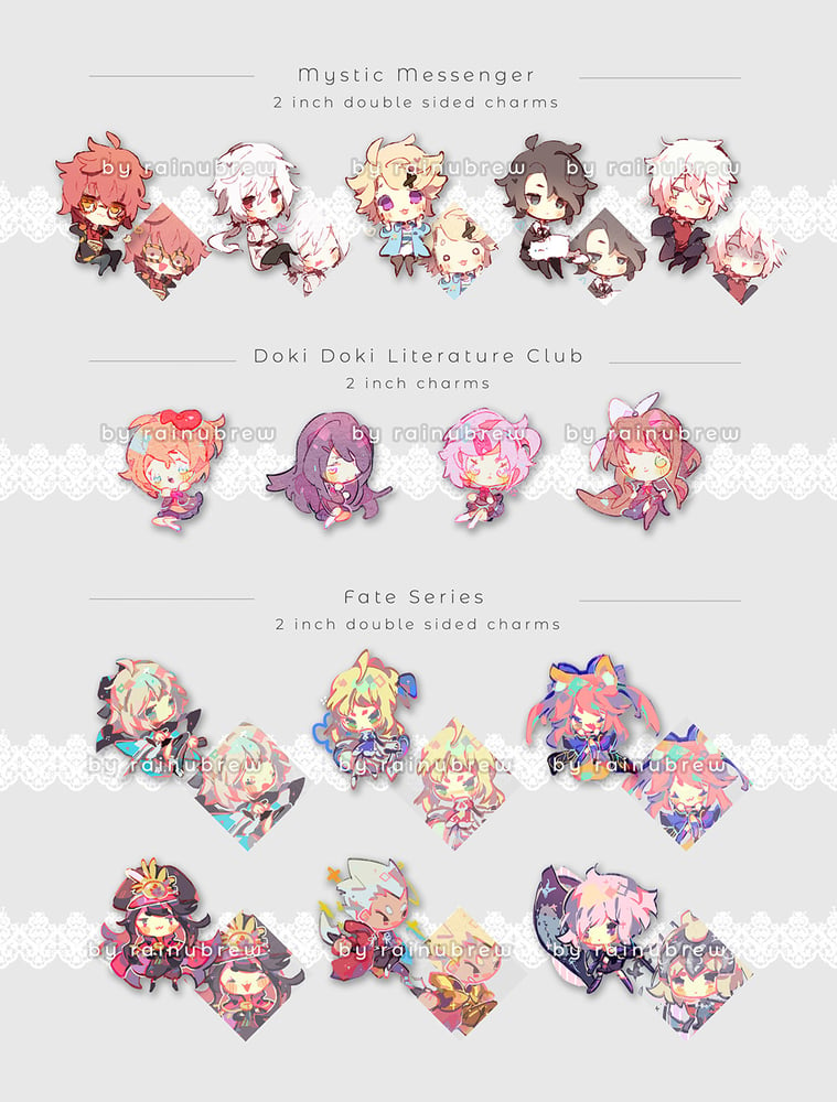 Image of Mystic Messenger, DDLC, Fate GO | 2 inch charms