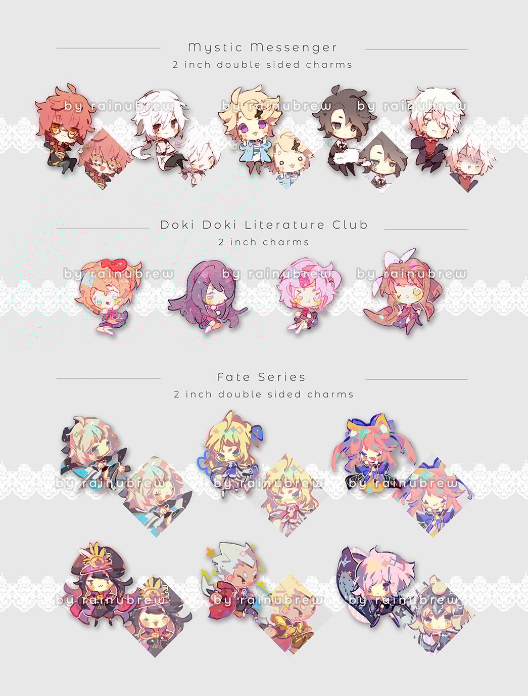 Image of Mystic Messenger, DDLC, Fate GO | 2 inch charms