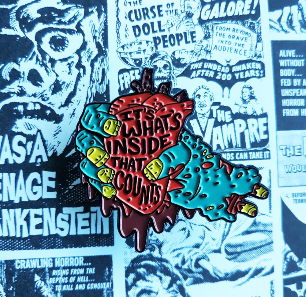 "It's What's Inside That Counts" Zombie Heart 1.75" Enamel Pin