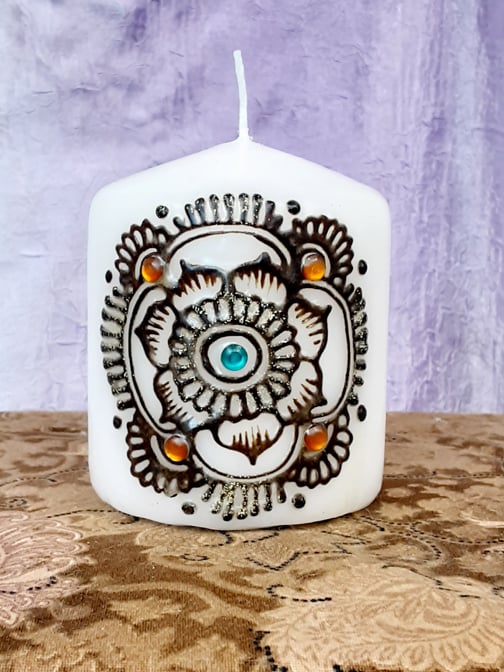 Image of 3 x 3 Orange & Blue Mandala  Henna Candle