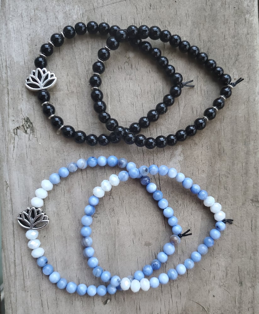 Image of Lotus Flower Black Jasper bracelet set/Lotus Flower Blue lapis and Glass bead bracelet set