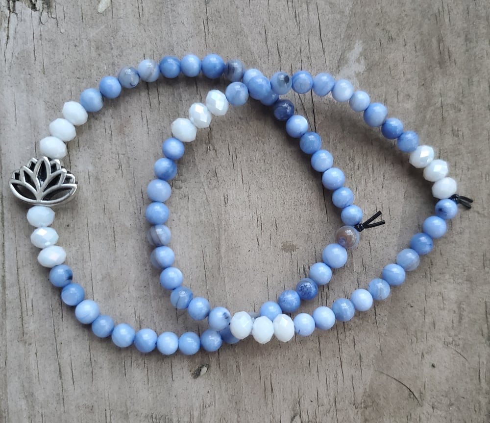 Image of Lotus Flower Black Jasper bracelet set/Lotus Flower Blue lapis and Glass bead bracelet set