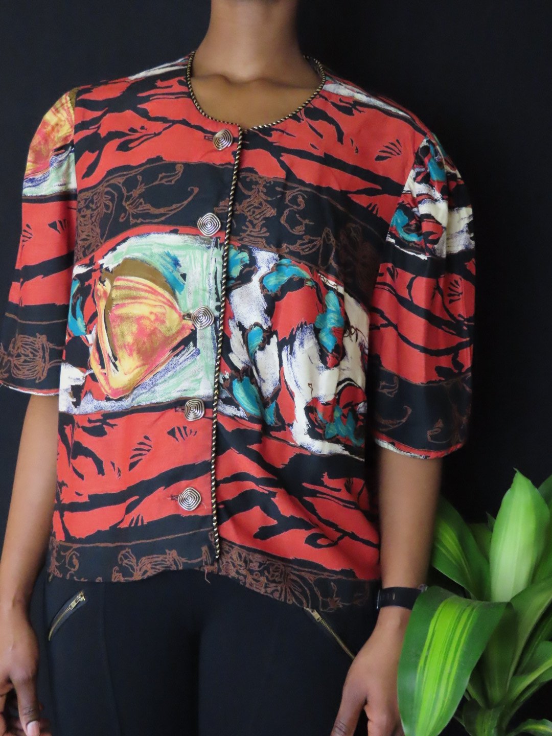 Multicolored Vintage Printed Button Front Blouse (XL)