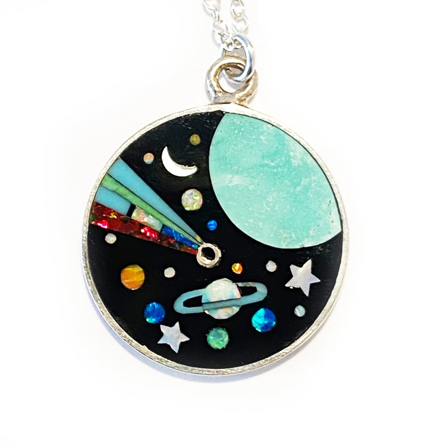 Image of Large Galaxy Inlay Necklace Blue Earth