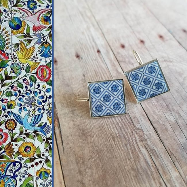 Mediterranean Tile Earrings - Medium Blue + White