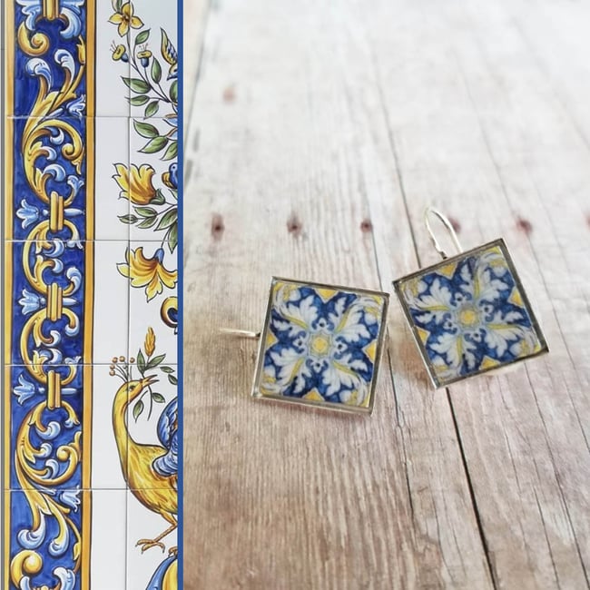 Mediterranean Tile Earrings - Navy + Yellow