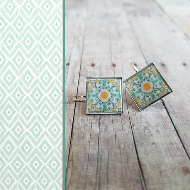 Mediterranean Tile Earrings - Mint + Orange Yellow