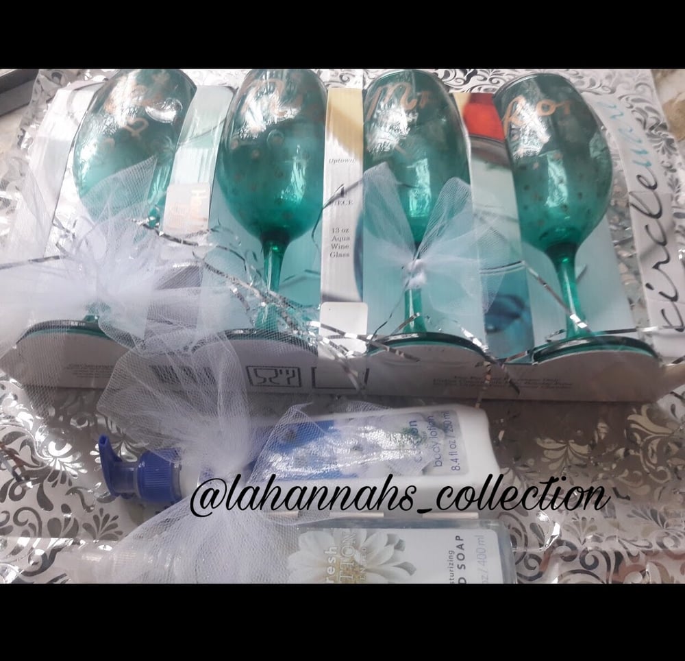 Image of Wedding Wine Glasses Gift Set (4 pack w/ hand lotion & hand soap )