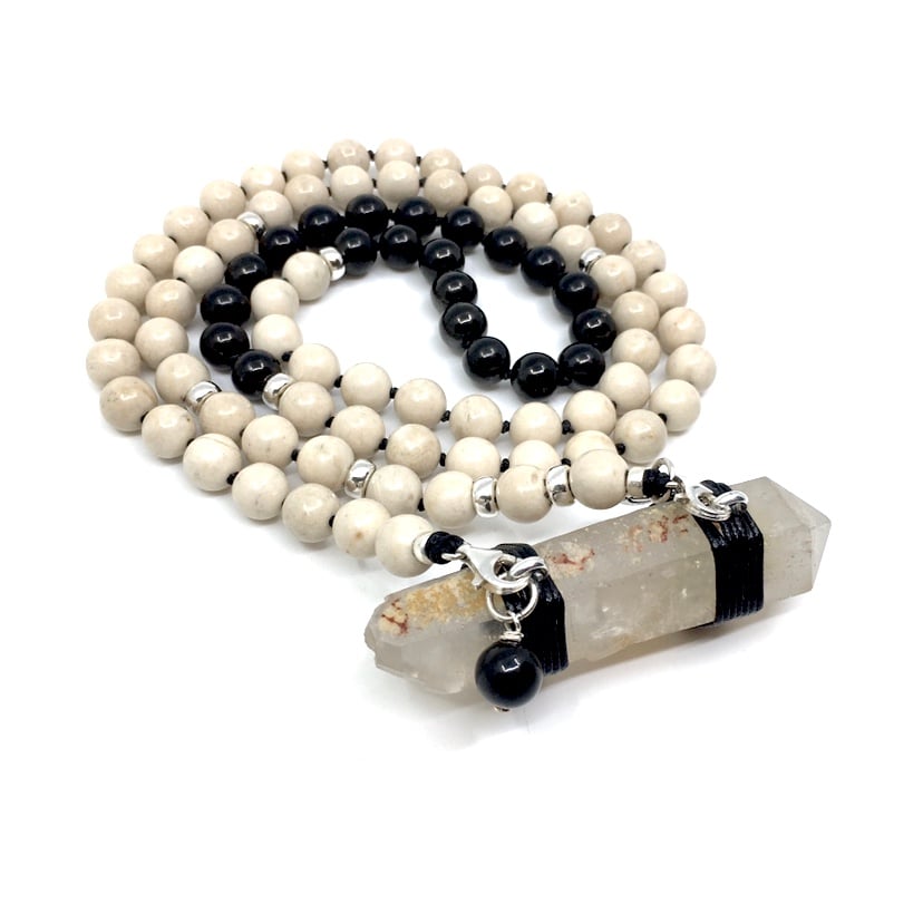 Image of Riverstone Double Infinity Mala 88  with Shungite Collar and  Lemurian Quartz