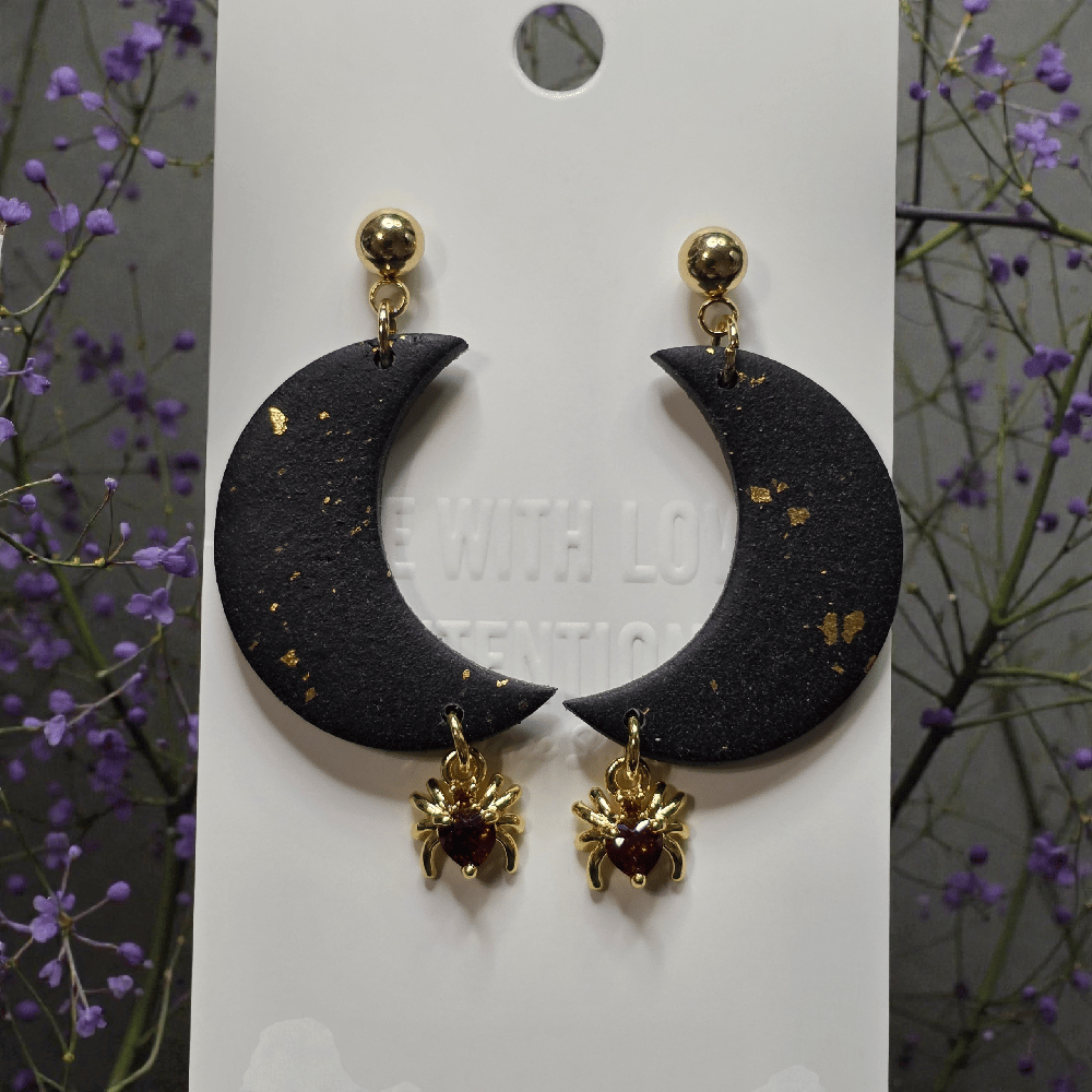 Image of Black & Gold Crescent Moon Spider Earrings 18k Gold Plated Polymer Clay Dangles