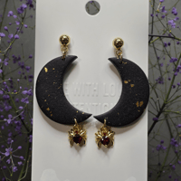 Image 3 of Black & Gold Crescent Moon Spider Earrings 18k Gold Plated Polymer Clay Dangles