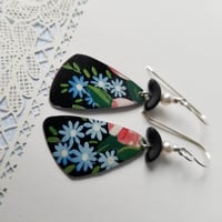 Image 1 of Black Tin Blue Flowers Pottery Shard Earring