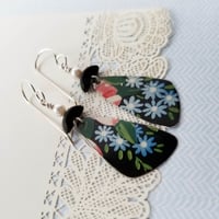 Image 2 of Black Tin Blue Flowers Pottery Shard Earring