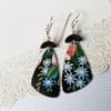 Black Tin Blue Flowers Pottery Shard Earring