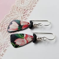Image 2 of Black Tin Pale Pink Flowers Pottery Shard Earrings