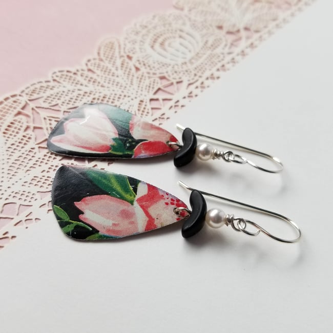 Black Tin Pale Pink Flowers Pottery Shard Earrings