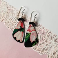 Image 4 of Black Tin Pale Pink Flowers Pottery Shard Earrings