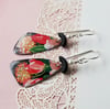 Black Tin Rosey Pink Flower Pottery Shard Earrings