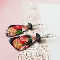 Image 2 of Black Tin Rosey Pink Flower Pottery Shard Earrings