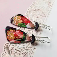 Image 3 of Black Tin Rosey Pink Flower Pottery Shard Earrings