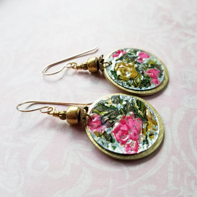 Pink Rose Floral Disc Earrings