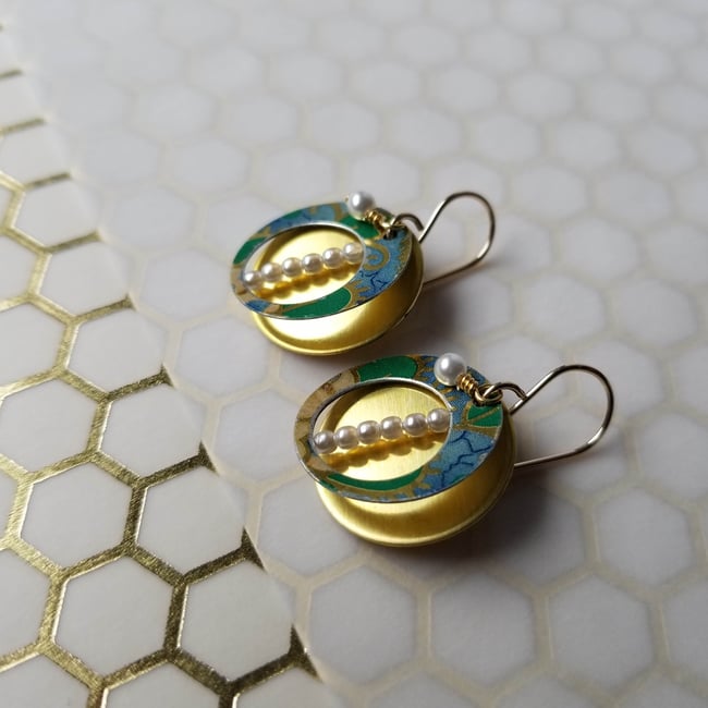 Blue + Green Floral Pattern  Tin Shadowbox Earrings