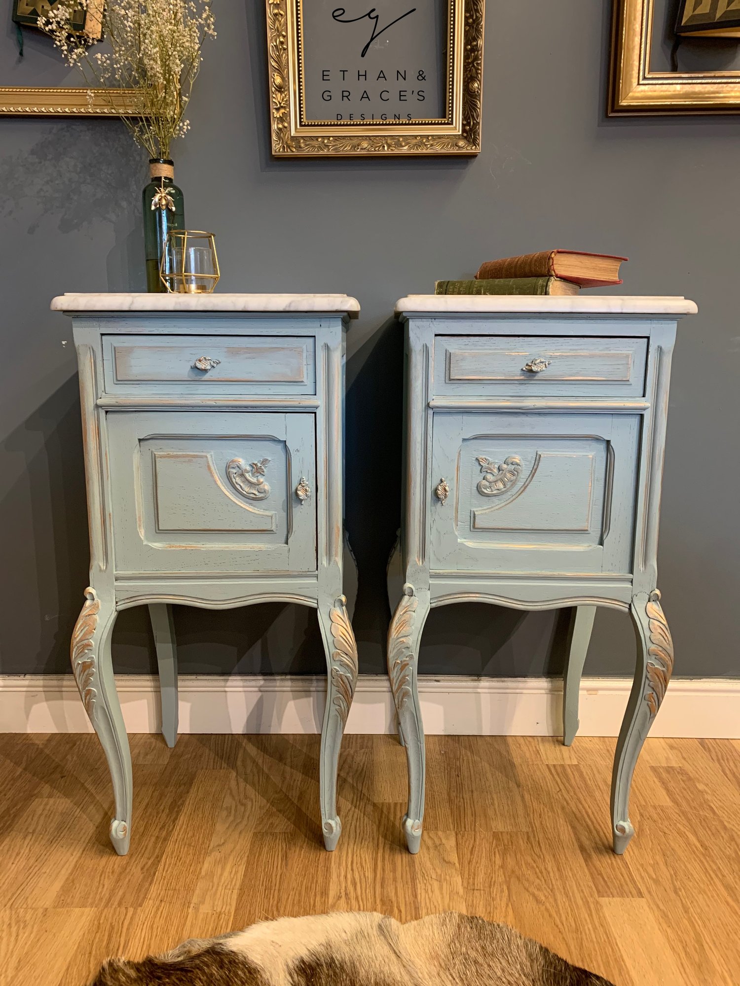 Image of Marble top vintage French bedside tables 