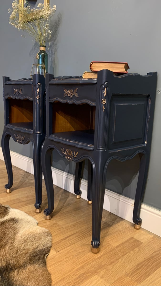 Dark blue & gold French bedside tables. Ethan and Grace's Designs