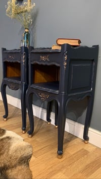 Image 1 of Dark blue & gold French bedside tables.
