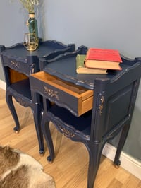 Image 3 of Dark blue & gold French bedside tables.