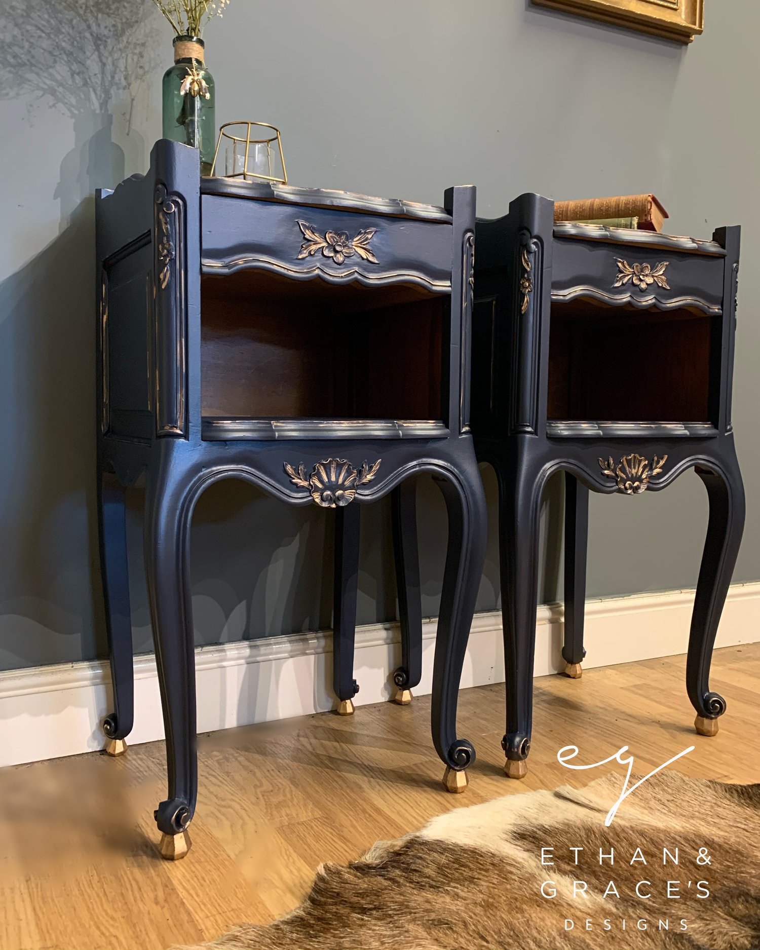 Image of Dark blue & gold French bedside tables.