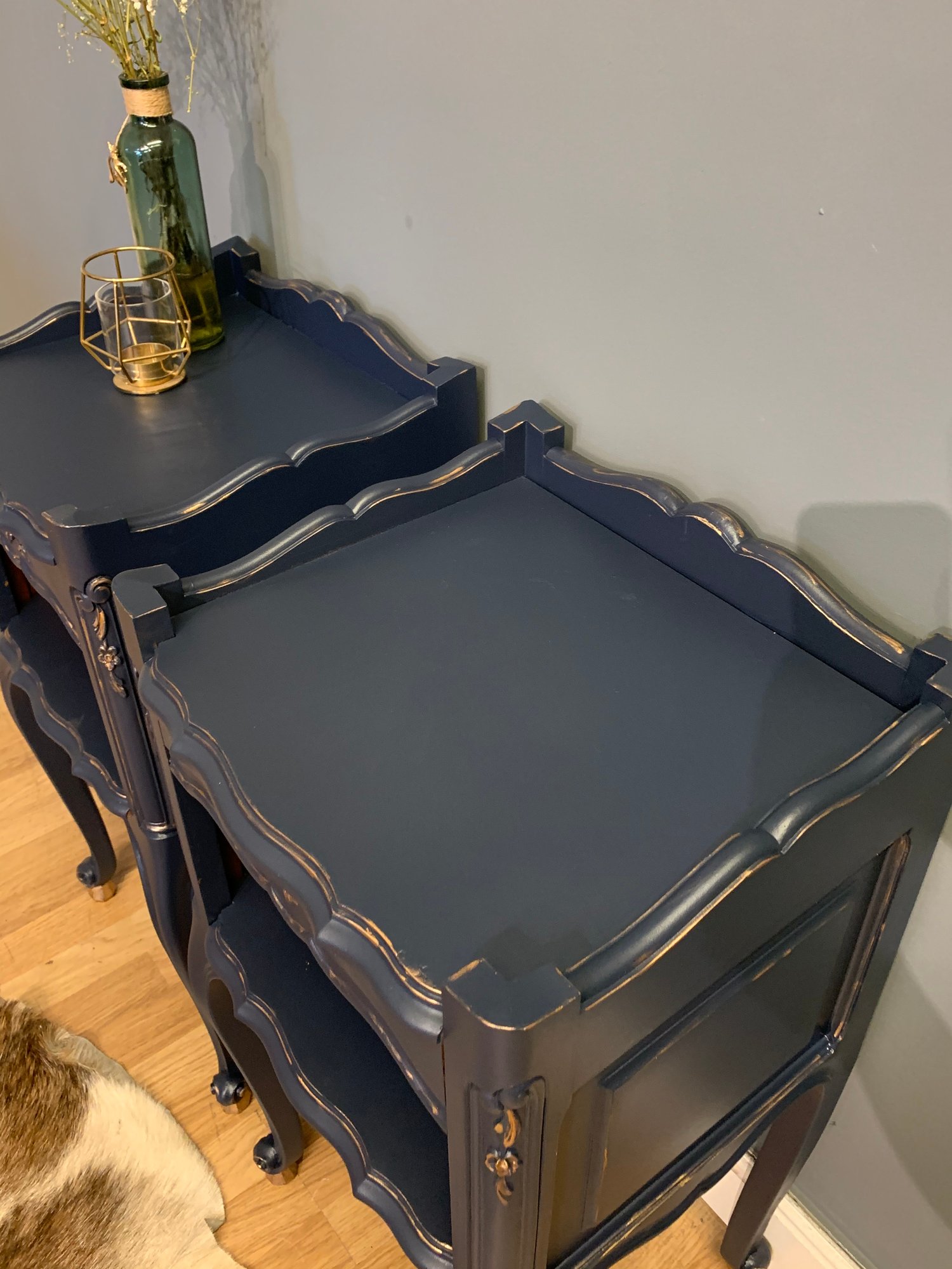 Image of Dark blue & gold French bedside tables.