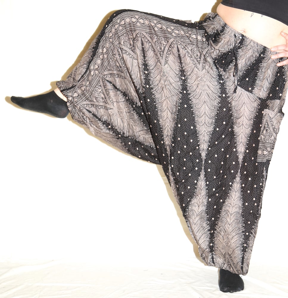 Image of Black Feather Deep Crotch Harem Pants