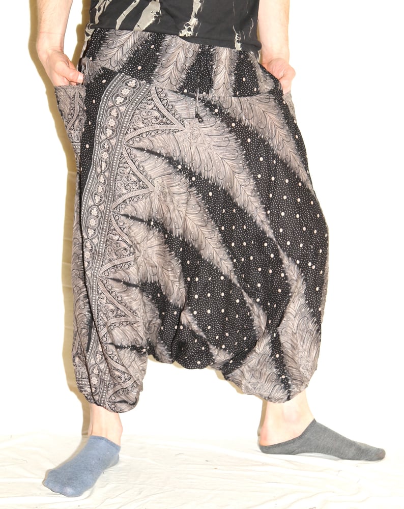 Image of Black Feather Deep Crotch Harem Pants