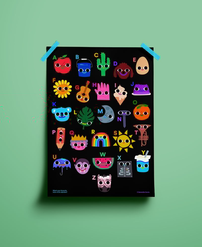 Image of A2 alphabet poster for kiddos - black bg only