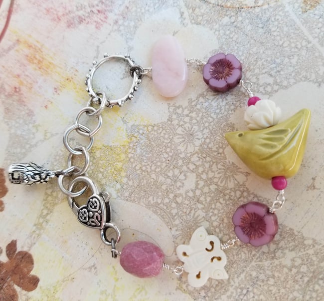 Springtime Birds, Butterflies, Flowers Bracelet (Pink + Chartreuse Green)
