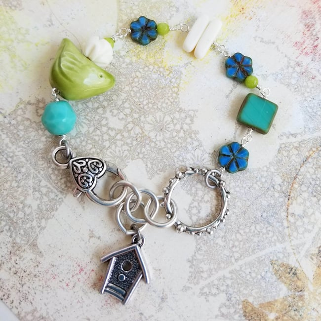 Springtime Birds and Flowers Bracelet (Lime, Aqua + Blue)