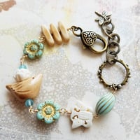 Image 1 of Springtime Birds, Butterflies, Flowers Bracelet (Tan + Pale Blue)
