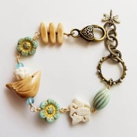 Image 2 of Springtime Birds, Butterflies, Flowers Bracelet (Tan + Pale Blue)