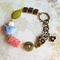 Image 1 of Springtime Birds and Flower Bracelet (Periwinkle, Coral, + Green)