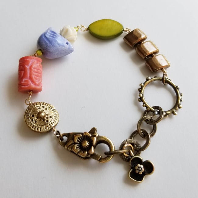Springtime Birds and Flower Bracelet (Periwinkle, Coral, + Green)