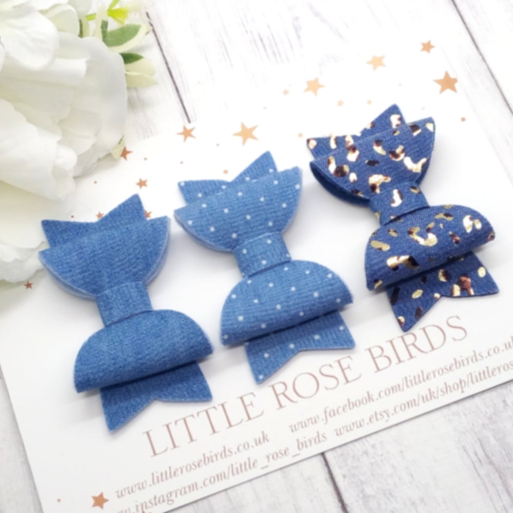Image of SET OF 3 - Denim Bows - Choice of Headband or Clip 