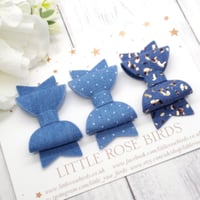 Image 1 of SET OF 3 - Denim Bows - Choice of Headband or Clip 