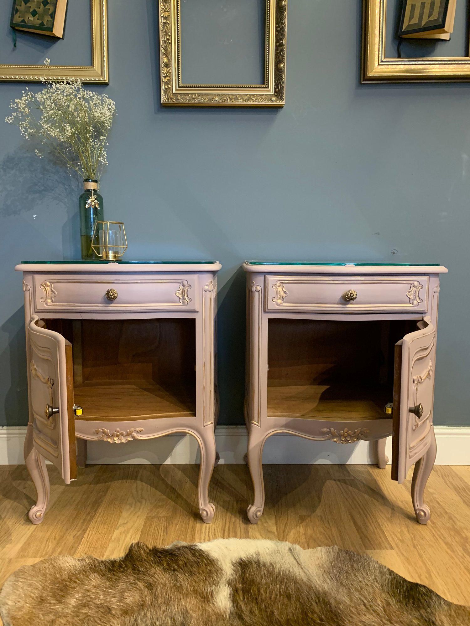 Image of Dusky pink & gold French bedside tables