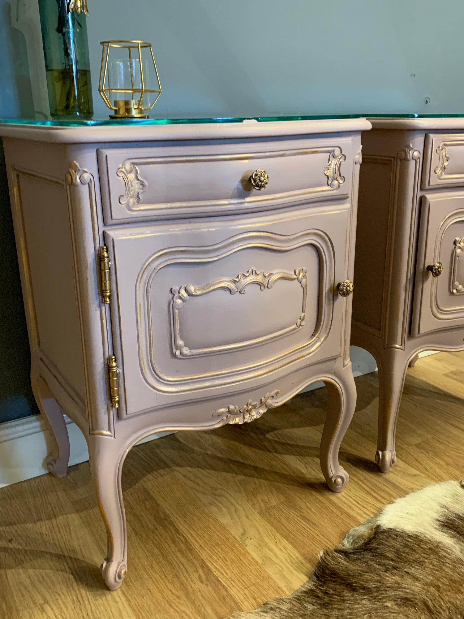 Image of Dusky pink & gold French bedside tables