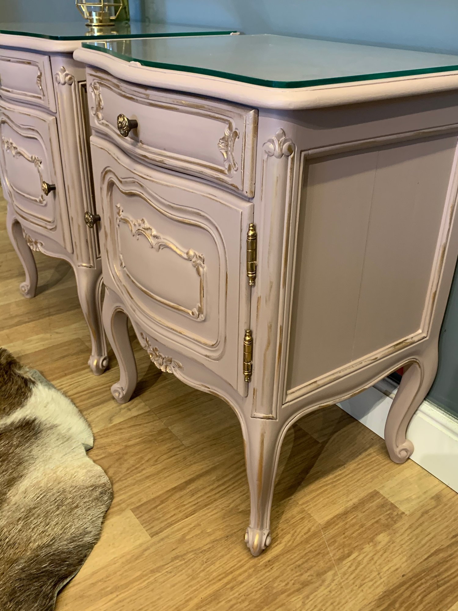 Image of Dusky pink & gold French bedside tables