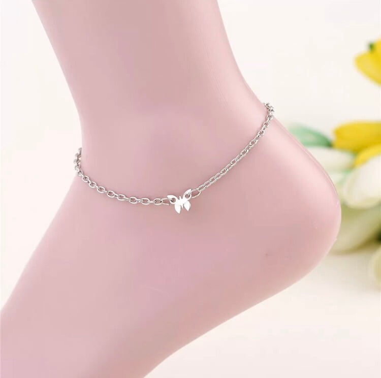 Image of Sliver butterfly ankle bracelet.